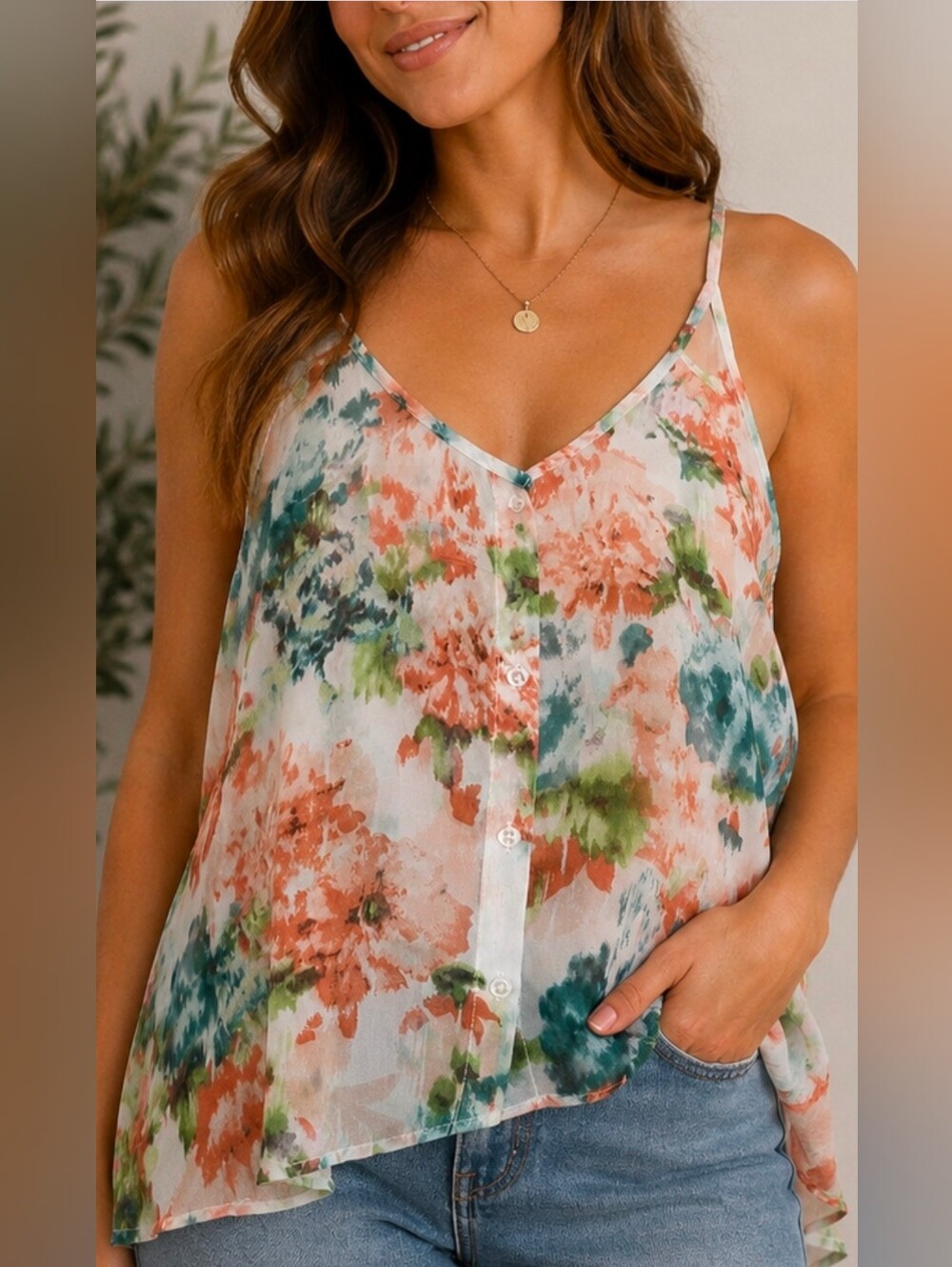 Body Central Large Y2K Floral Chiffon Strappy Button Front Cami Tank Top